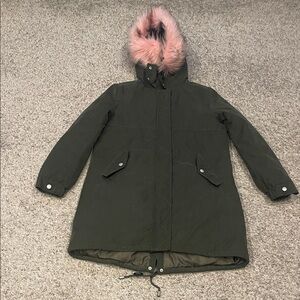 Green Parka with Pink Fur Hood